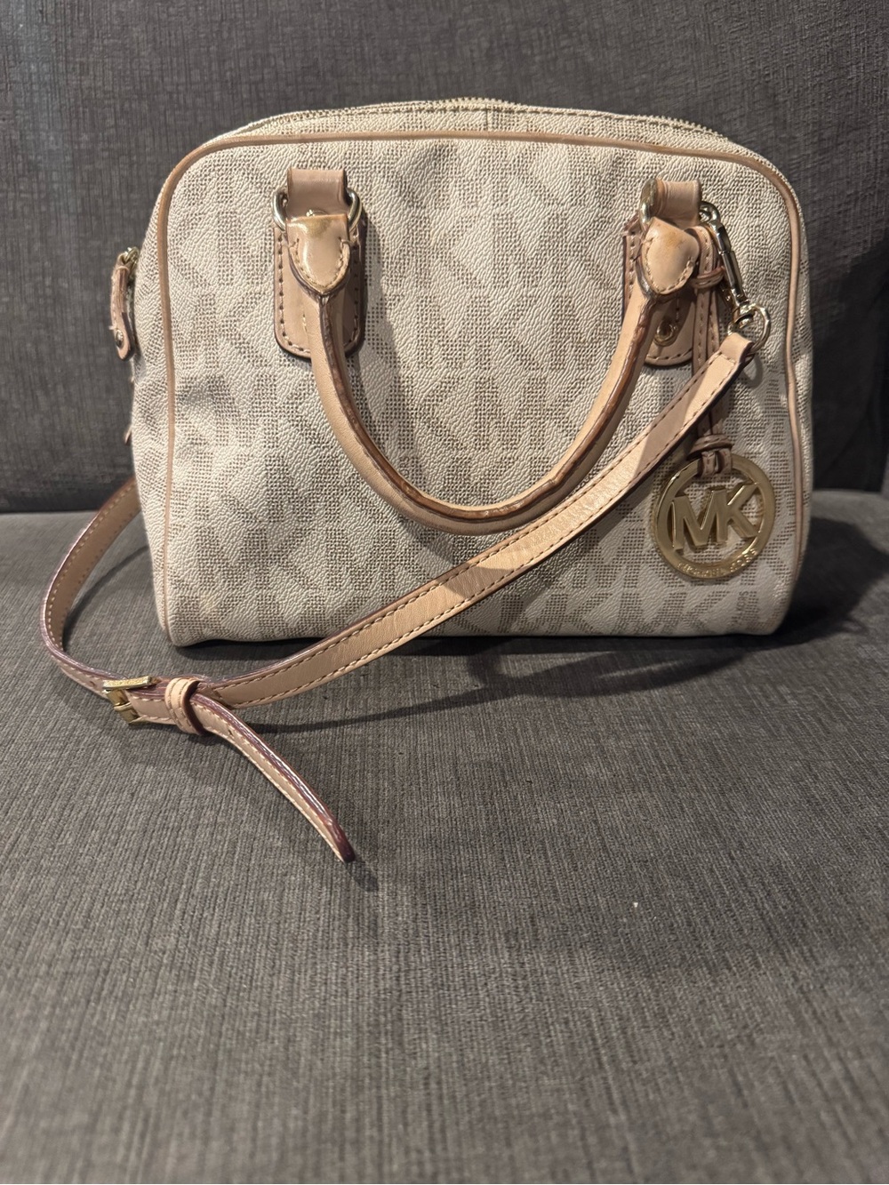 Michael Kors Beige Logo Crossbody Satchel with Gold MK Charm